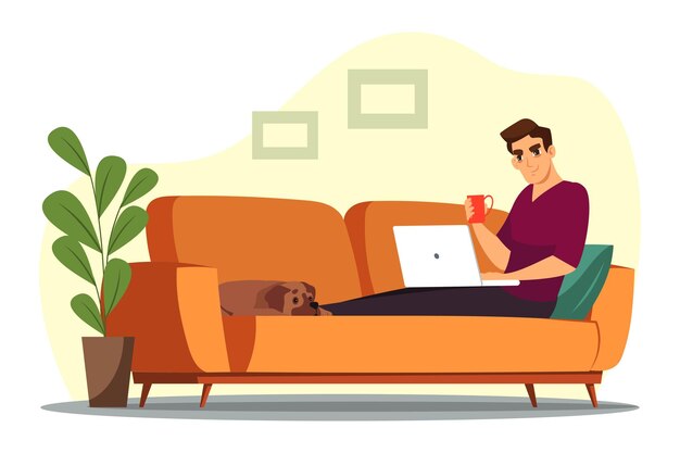 ホームオフィスで働くリモートの従業員男性は便利な職場の快適な条件でラップトップドリンクコーヒーとソファに座っています