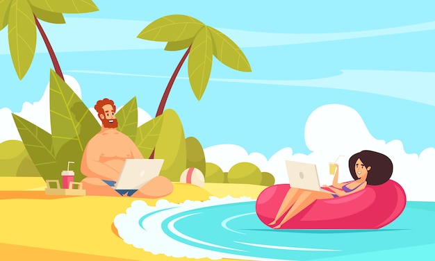 Remote flexible work flat cartoon composition with freelancers couple vacation with laptops on tropical beach 