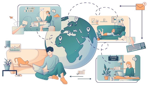 La composizione in linea piatta del lavoro a distanza di gestione remota con i segni di posizione del globo terrestre e le viste dei liberi professionisti vector l'illustrazione