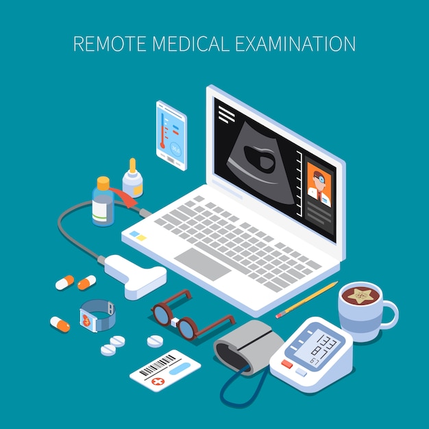 Remote medical examination isometric composition with human organ ultrasound on laptop screen and medicine devices