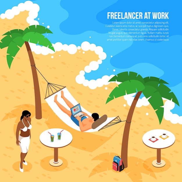 Composizione isometrica nel lavoro a distanza con le free lance alla spiaggia tropicale in amaca con il taccuino all'illustrazione di vettore del lavoro