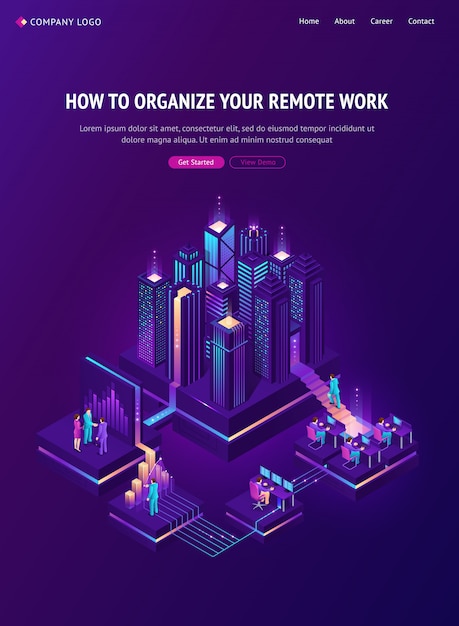 Free vector remote work isometric landing, global outsourcing