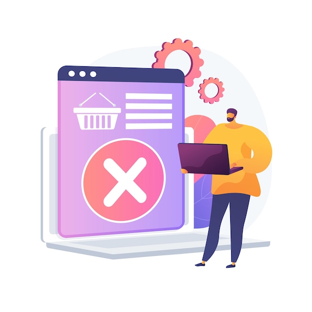 Removing goods from basket, refusing to purchase, changing decision. Item deletion, emptying trash. Online shopping app, laptop user cartoon character. Vector isolated concept metaphor illustration.