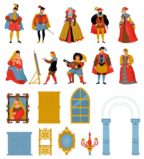 Free vector renaissance old retro fashion style icon set men in medieval costumes women in fancy dresses and interior objects vector illustration