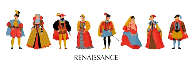 Free vector renaissance style colored icon set medieval costumes and dresses of different colors for rich men and women vector illustration