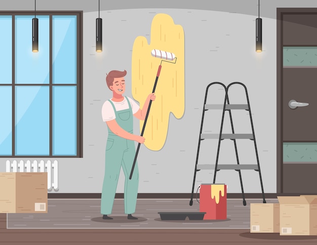 Free vector renovation cartoon concept with male worker painting wall vector illustration