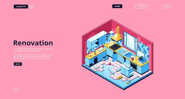 Renovation isometric landing page, home kitchen repair or projection works, interior with building appliances, wallpaper rolls, tiling and furniture.