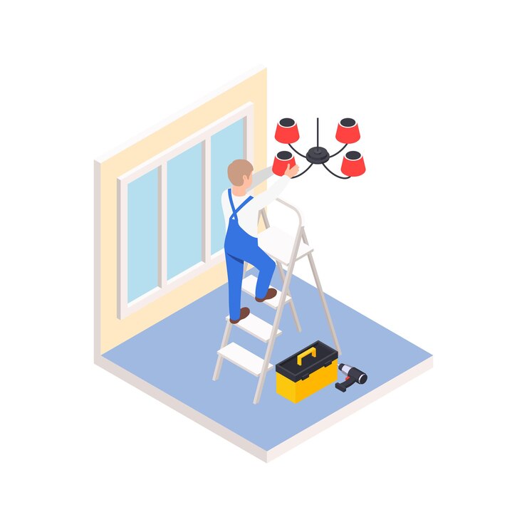 Free Vector renovation repair works isometric composition with character of worker on ladder setting new chandelier