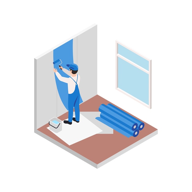 Renovation repair works isometric composition with character of worker painting walls in blue