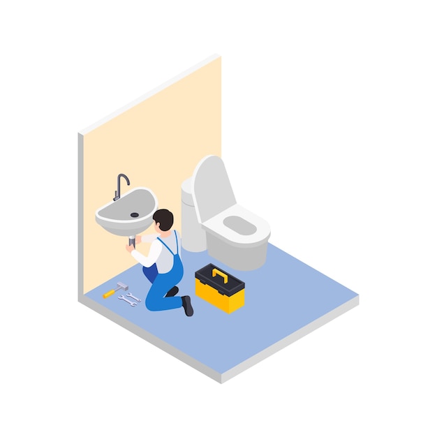 Free vector renovation repair works isometric composition with character of worker with toolbox in bathroom