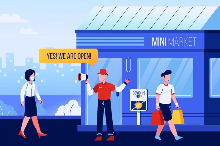Free Vector reopen economy after coronavirus mini market