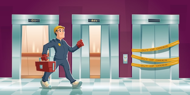 Free vector repair man and out of order elevator with yellow stripes in house or office hallway. cartoon corridor with open lift doors and mechanic with tool box. maintenance service of broken elevator