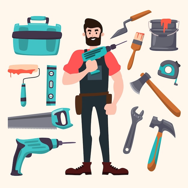 Repair man with tools for working in cartoon style