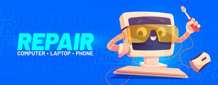 Free Vector repair service banner with computer character