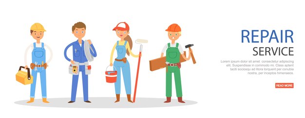 修理サービス 碑文 労働者の男性 作業機器 モバイルヘルプ イラスト 白 男性 女性 専門家 建設業のメンテナンス プレミアムベクター