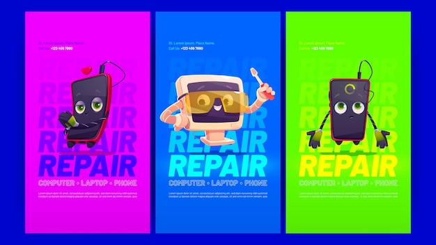 Repair service posters with smartphone and computer under renovation vector banners of gadget maintenance with cartoon illustration of broken mobile phone and pc with screwdriver