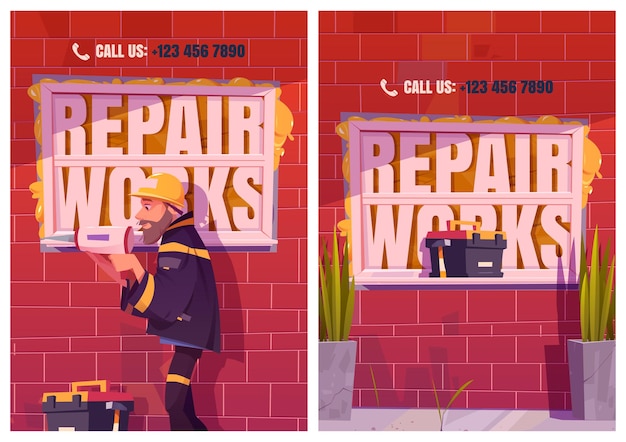 Free vector repair works cartoon ad posters. builder with tool