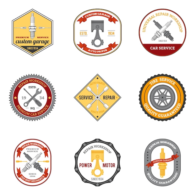 Free vector repair workshop emblems colored