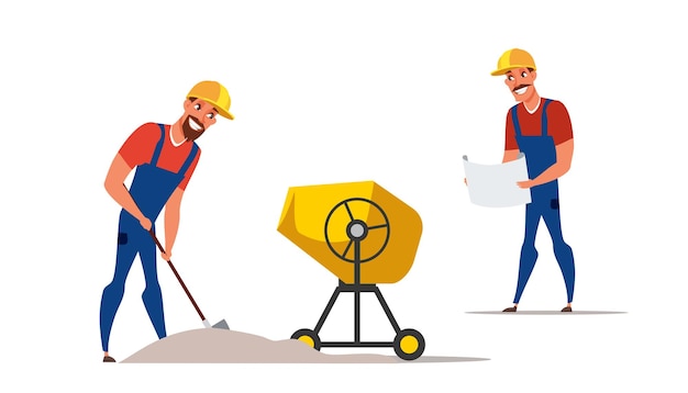 repairmen working handymen repairing road digging ground concrete cement mixer