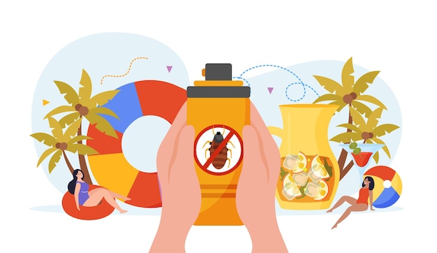 Free vector repellents flat composition of human hands holding spray with inflatable ring cocktail palm trees and girls vector illustration