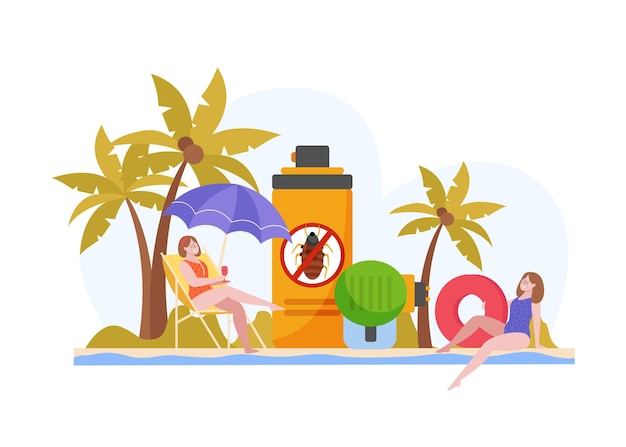 Free vector repellents flat composition with isolated view of beach coastline with girl characters and rejectant spray can vector illustration