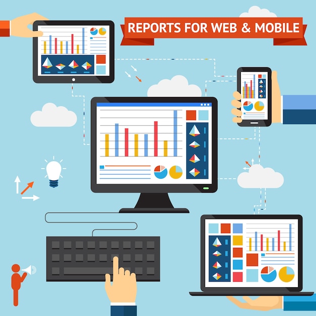 Reports for web and mobile vector set with colorful displays of graphs  charts and statistics displayed on the screens of a desktop  laptop  mobile phone and tablet computer synced through the cloud