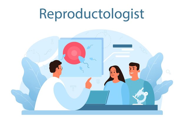 생식 학자 및 생식 건강 인체 해부학 생물학적 재료 연구 임신 모니터링 및 의료 진단 만화 스타일의 격리 된 그림