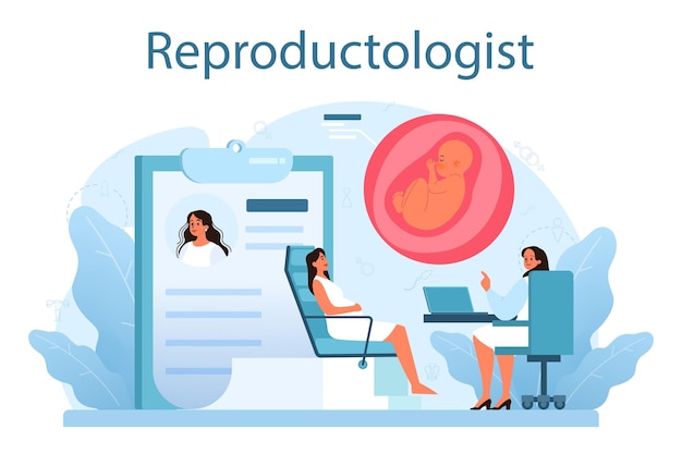 Reproductologist and reproductive health human anatomy biological material research pregnancy monitoring and medical diagnosis isolated illustration in cartoon style