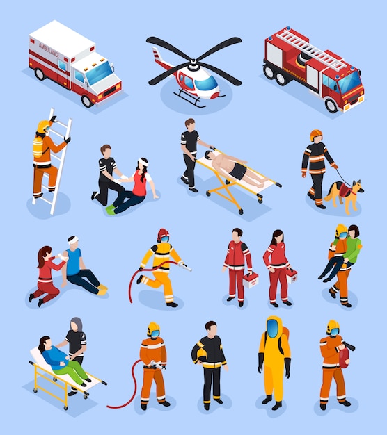 Free vector rescue teams isometric set