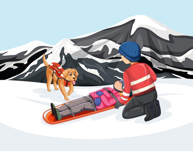Rescue using stretcher on snow mountain