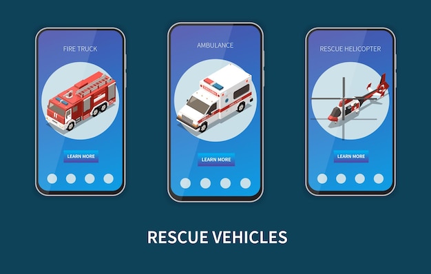 Rescue vehicles design concept with fire truck ambulance car and helicopter round icons on smartphone screens isometric vector illustration