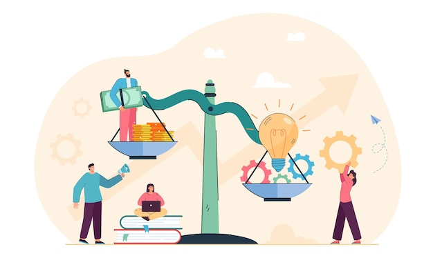 Research of tiny employees price innovation on unbalanced scales. Business people working on creative ideas worth of money investment flat vector illustration. Valuation of financial profit concept