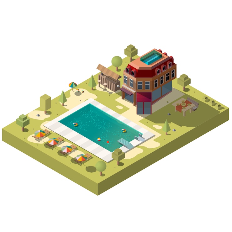 Free Vector resort hotel with swimming pool isometric