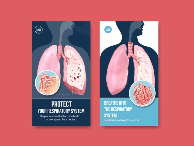 Respiratory instagram template design with human anatomy of lung and healthy care