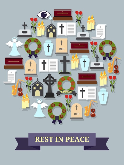 Free vector rest in peace sign. round symbol consisting of the elements on the theme of the funeral and burial ceremony.