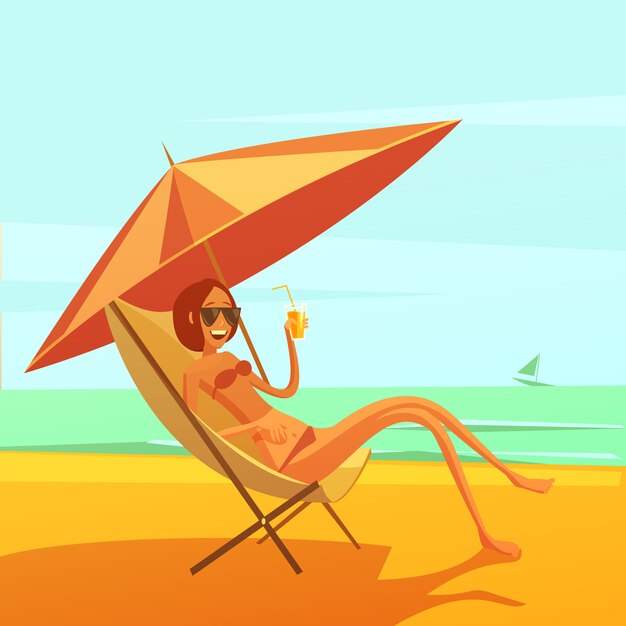 Rest at sea background with woman in a chaise lounge drinking cocktail