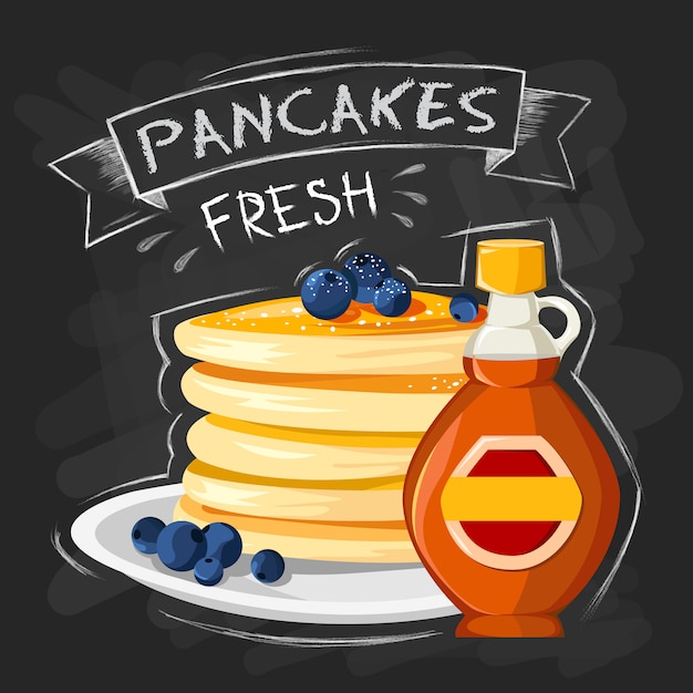 レストラン朝食ビンテージスタイルの広告ポスターとフライパンのパンケーキ
