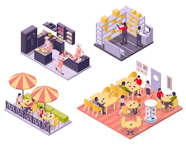 Restaurant cafe isometric interiors icon set kitchen with cooks storage room outdoor cafe and indoor cafe vector illustration