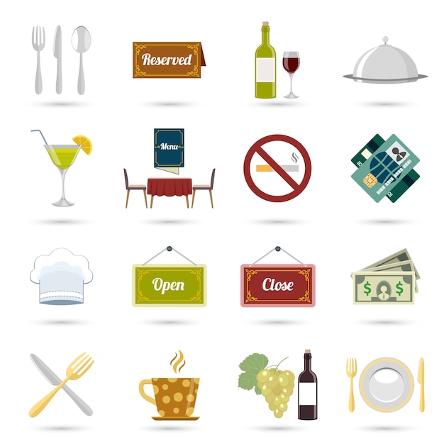 Free vector restaurant food cooking and serving icons set isolated vector illustration