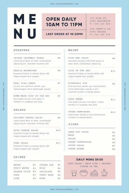 Restaurant food menu template for digital use with illustrations