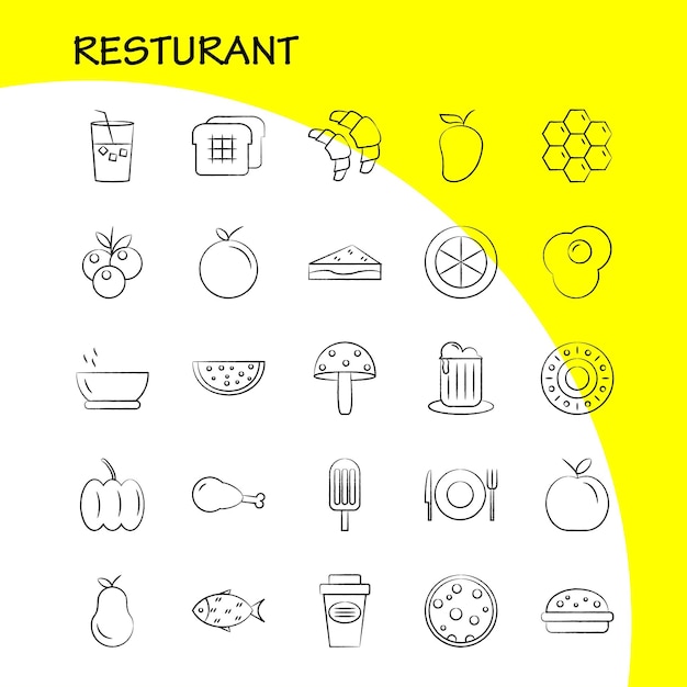 Free vector restaurant hand drawn icons set for infographics mobile uxui kit and print design include grapes food meal fruits tea cake food meal eps 10 vector