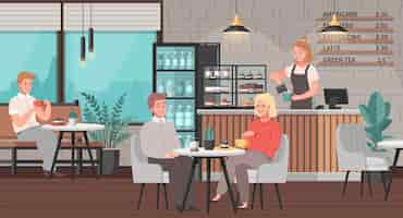 Vettore gratuito scena interna del fumetto del ristorante con la gente che si siede nell'illustrazione di vettore del caffè