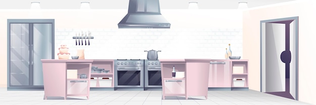 ストーブオーブンカウンター冷蔵庫で料理をするためのレストランキッチンインテリアデザインプロの場所料理室の水平方向のパノラマ