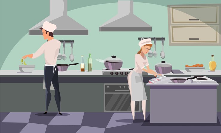무료 Vector 레스토랑 주방 직원 요리사 및 흰색 앞치마 조수 요리 요리 여성 수 셰프가 생선 스테이크를 자르고 있습니다.