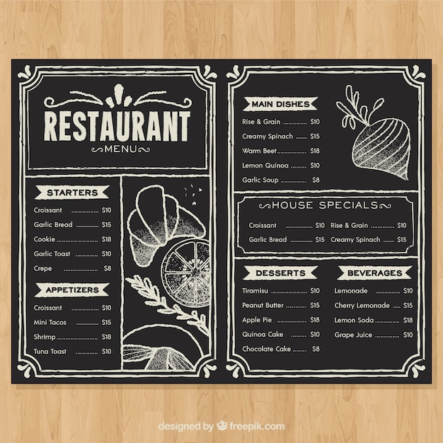 Menu del ristorante in stile lavagna