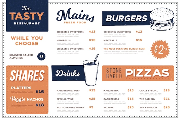 Vettore gratuito menu ristorante per piattaforma digitale in formato orizzontale