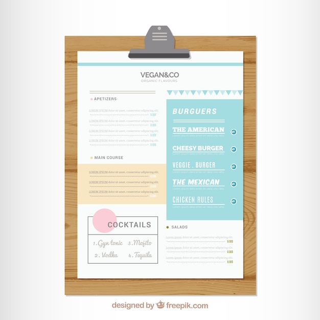Free vector restaurant menu on a table