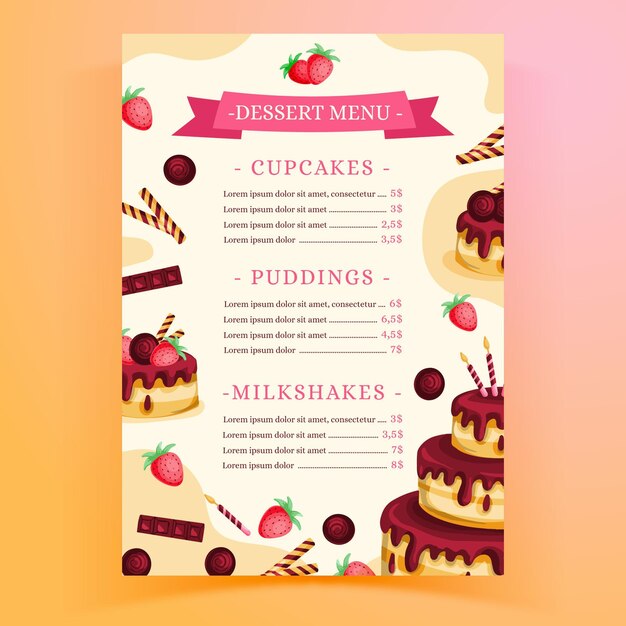 Restaurant menu template for birthday party with cake