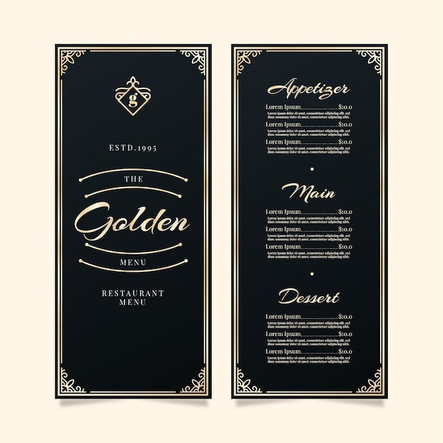 Free vector restaurant menu template golden frames
