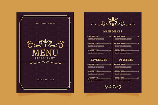 Restaurant menu template golden with violet